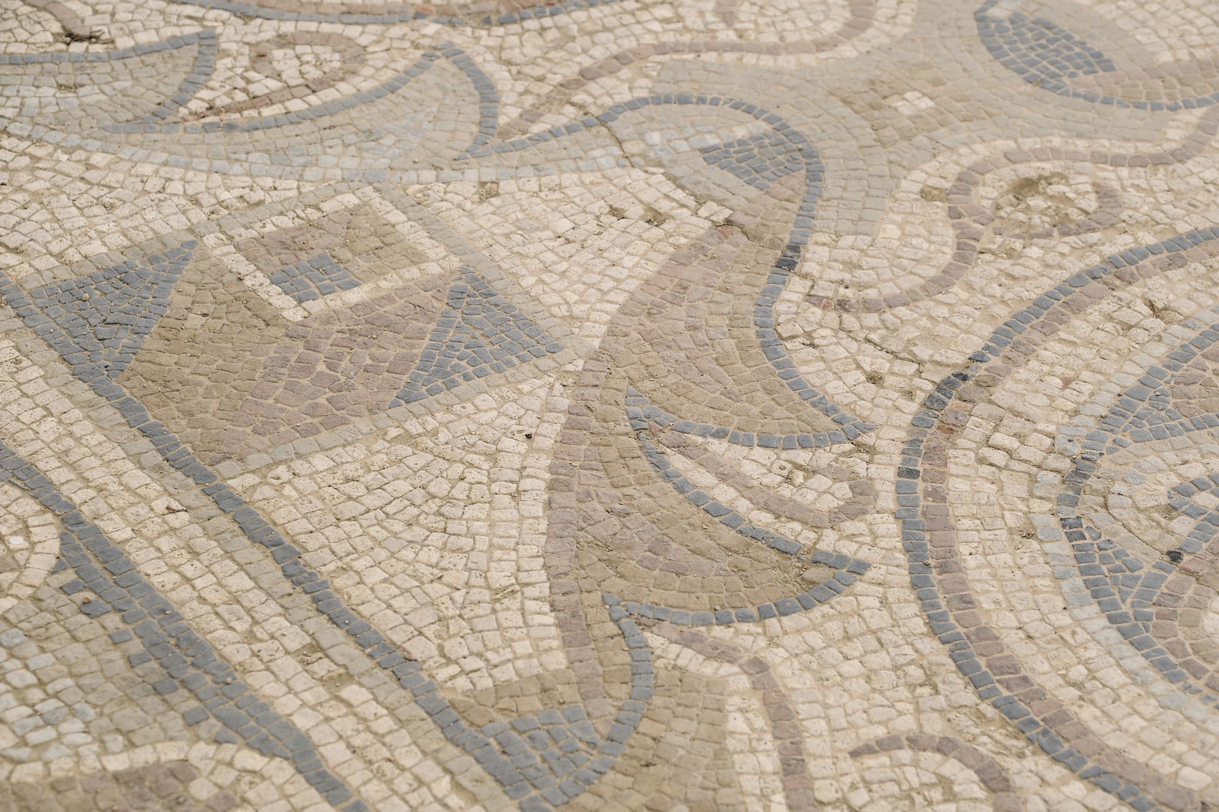 Gallo-Roman floor mosaic at Séviac, interlaced scroll and lozenge motifs in white, grey and ochre tesserae
